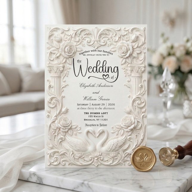 Invitación Cisnes de boda elegantes de crema falsa esculpidos (Subido por el creador)