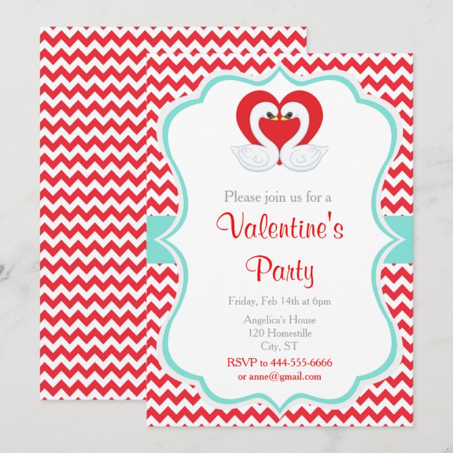 Invitación Cisnes de San Valentín rojos y verdes (Anverso / Reverso)