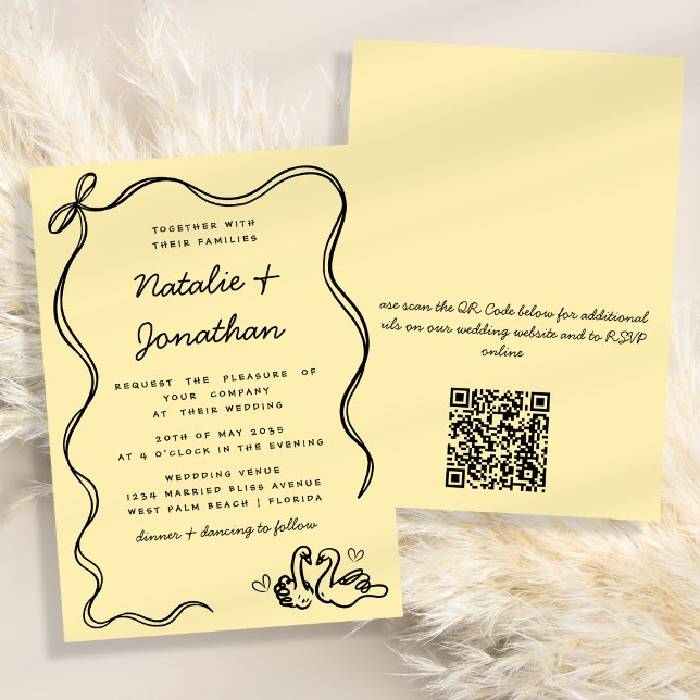 Invitación Cisnes Doodle Retro Código QR Amarillo Negro Boda (Subido por el creador)