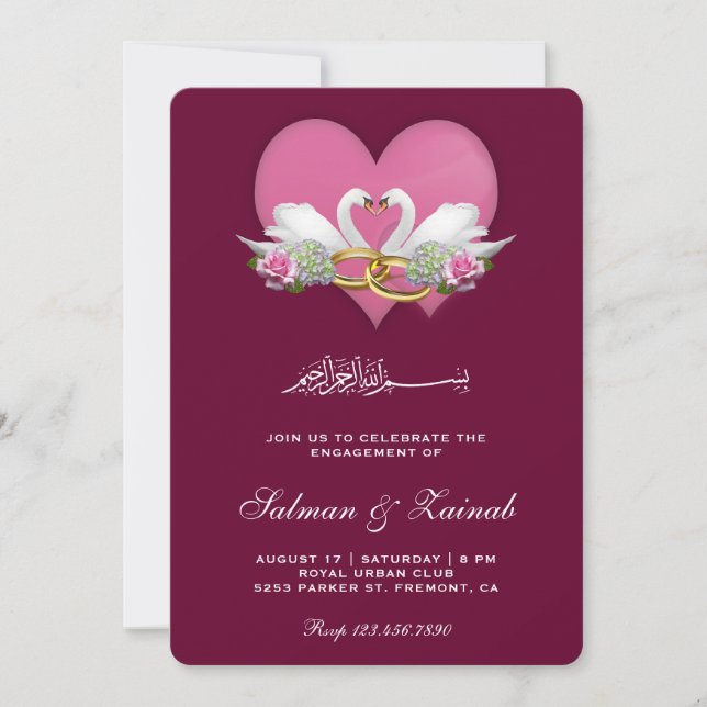 Invitación Cisnes románticos magenta oscuro compromiso islámi (Anverso)