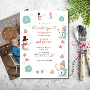 Invitación Cita de invierno de Snowman en Onederland. Foto de