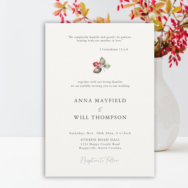Invitación Cita de la Biblia Mínimo Invierno Berries Elegante (bible quote elegant red berries winter wedding invitation watercolor traditional classic minimalist)