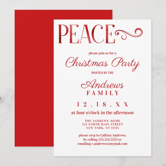 Invitación Cita de paz Relieve metalizado rojo blanco Navidad (Anverso / Reverso)