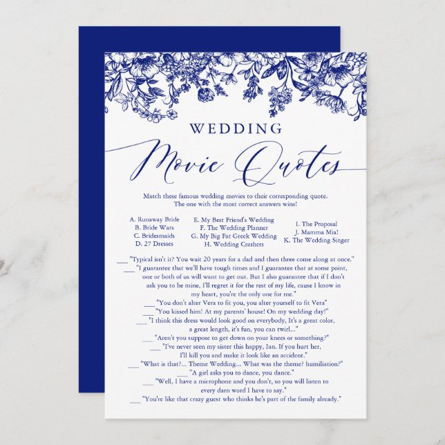 Invitación Cita De Película De Boda Floral Azul De Marina (Anverso / Reverso)