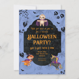 Invitación Cita Halloween Sloth, Dino, Fiesta de unicornio