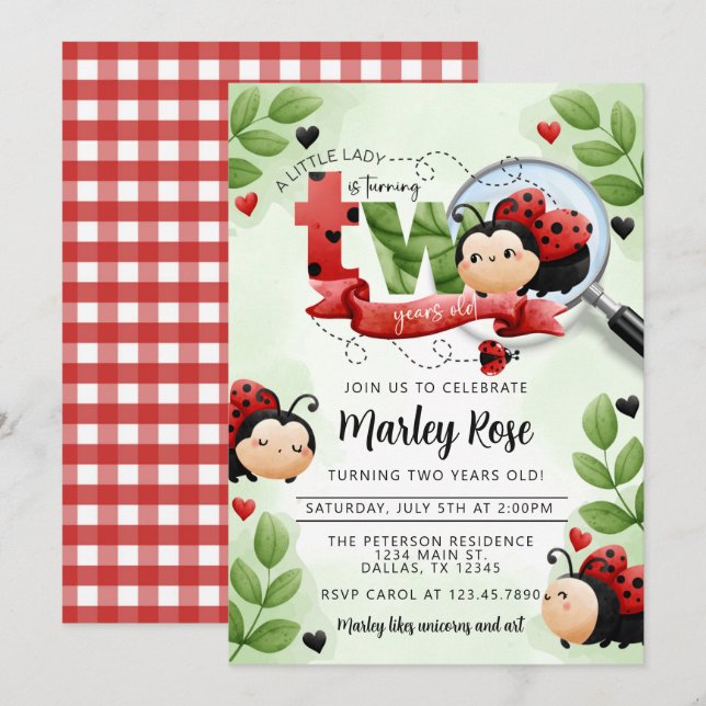 Invitación Cita Ladybug convirtiendo a DOS Fiestas de cumplea (Anverso / Reverso)