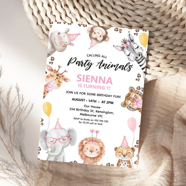 Invitación Cita llamando a todos los animales Fiestas Safari  (Calling All Party Animals Safari Birthday Invitation Girl, Wild One, Safari 1st Birthday Invite)