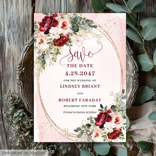 Invitación Cita para Guardar Moderno Boho Rojo Profundo Rubor (Modern Boho Deep Red Blush Gold Floral Save Date)