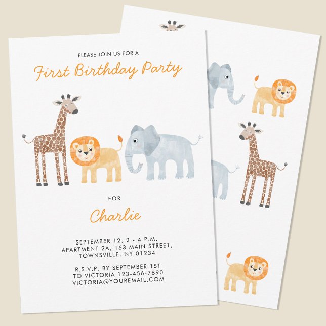 Invitación Cita Safari Animales Primera Fiesta de Cumpleaños (Fun baby safari animal themed first birthday party invitation with custom text)