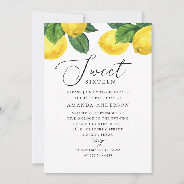 Invitación Cítricos acuarela Dulce 16. Guión de jardín de lim (Anverso)