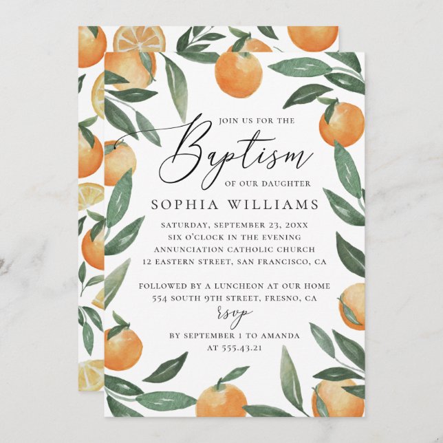 Invitación Cítricos acuarela floral escritura de jardín bauti (Anverso / Reverso)