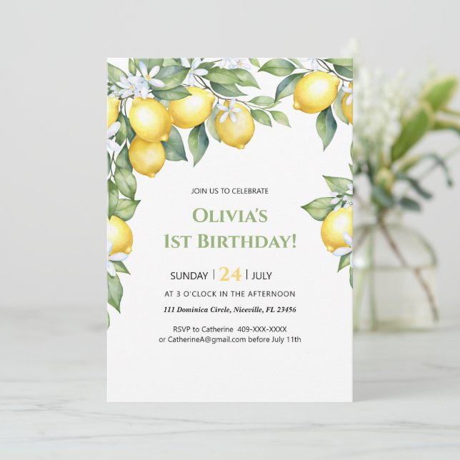 Invitación Cítricos de limón 1º cumpleaños. (Anverso de pie)