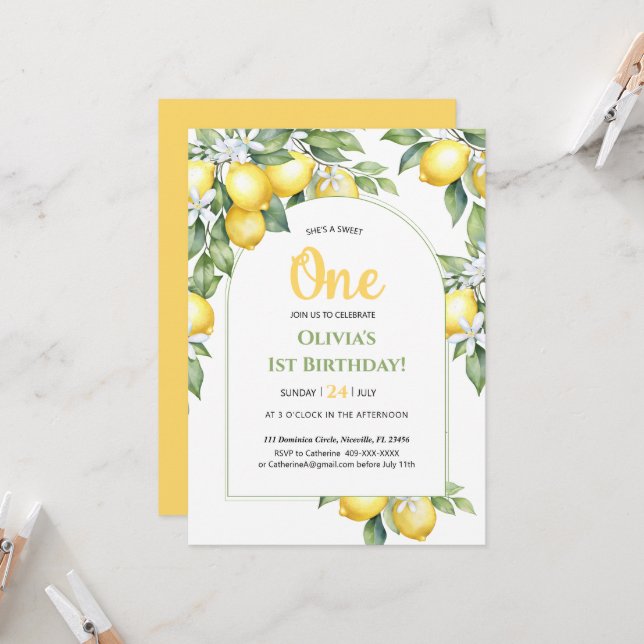 Invitación Cítricos de limón 1º cumpleaños. (Anverso/Reverso In Situ)