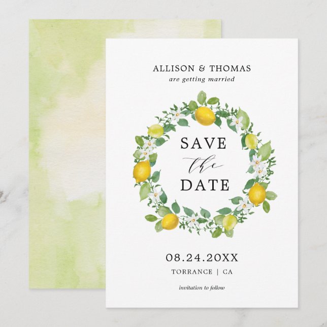 Invitación Cítricos Lemon Wreath Boda Amarilla salva las fech (Anverso / Reverso)