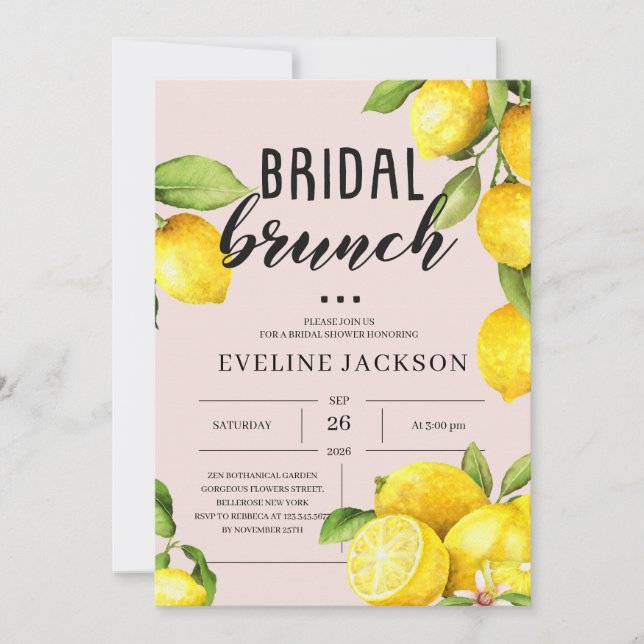 Invitación Cítricos limón verano brunch de novia rosa amarill (Anverso)