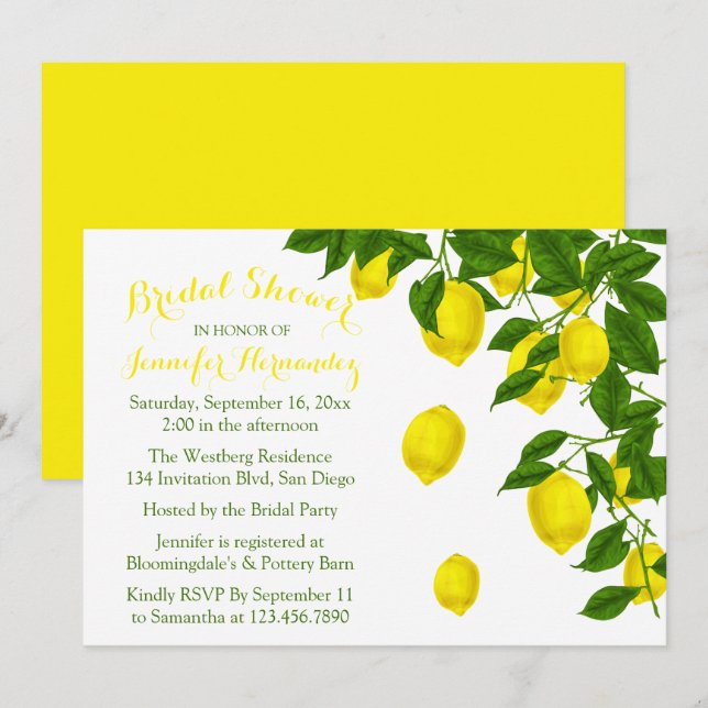 Invitación Citrus Amarillo Bridal Shower Lemon y Boda Verde (Anverso / Reverso)