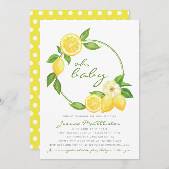 Invitación Citrus amarillo limón moderno Polkadot Baby Shower (Anverso / Reverso)