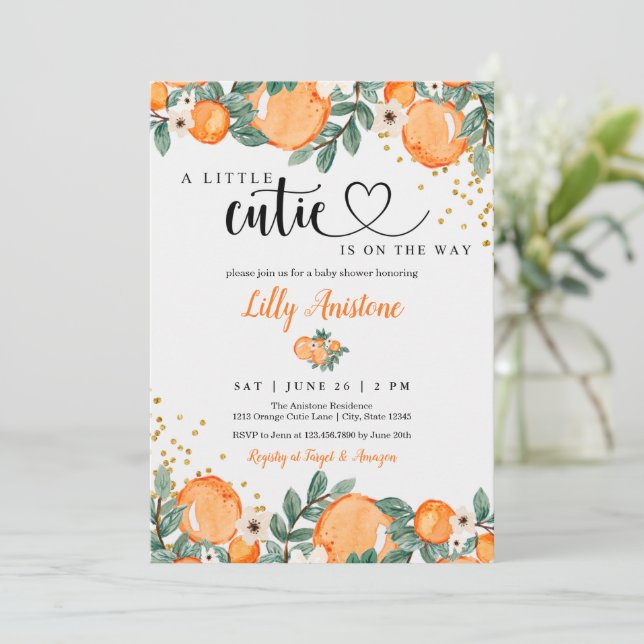 Invitación Citrus Baby Shower Naranja Botánico Cutie (Anverso de pie)