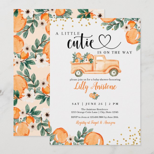 Invitación Citrus Baby Shower Naranja Botánico Little Cutie (Anverso / Reverso)