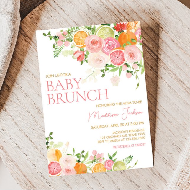 Invitación Citrus Baby Shower Naranja Floral Rosa (Girl Lemon Baby Shower Invitation)