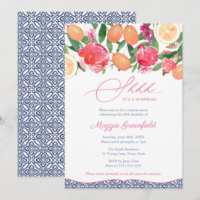 Invitación Citrus Blue Tiles Fiesta de cumpleaños sorpresa de (Anverso / Reverso)