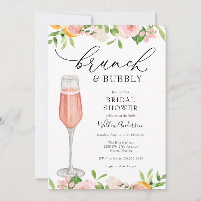 Invitación Citrus Brunch y Bubbly Bridal Shower (Anverso)