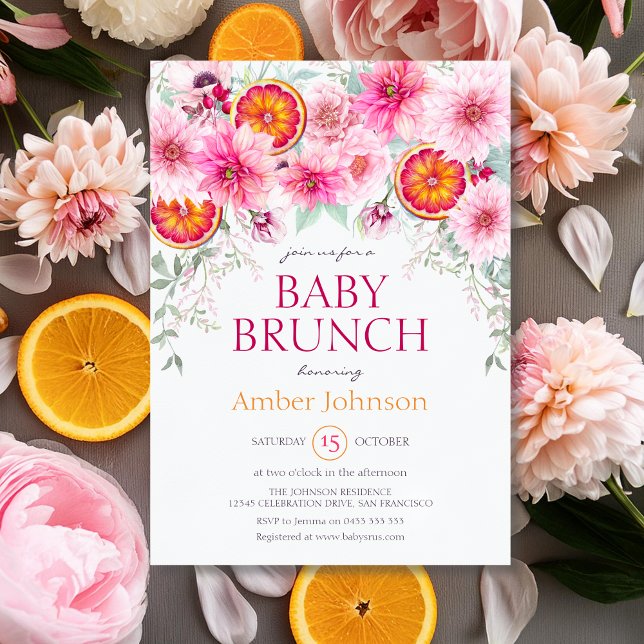 Invitación Citrus de niñas y Baby Shower de flores rosas (Citrus and Pink Watercolor baby shower invitation)