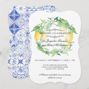 Invitación Citrus floral de limón Foliage Rústico Azul Tile B