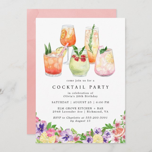 Invitación Citrus floral | Fun Summer Cocktail Fiesta Cumplea (Anverso / Reverso)