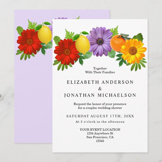 Invitación Citrus Floral Jardín Boda Parejas Ducha (Anverso / Reverso)