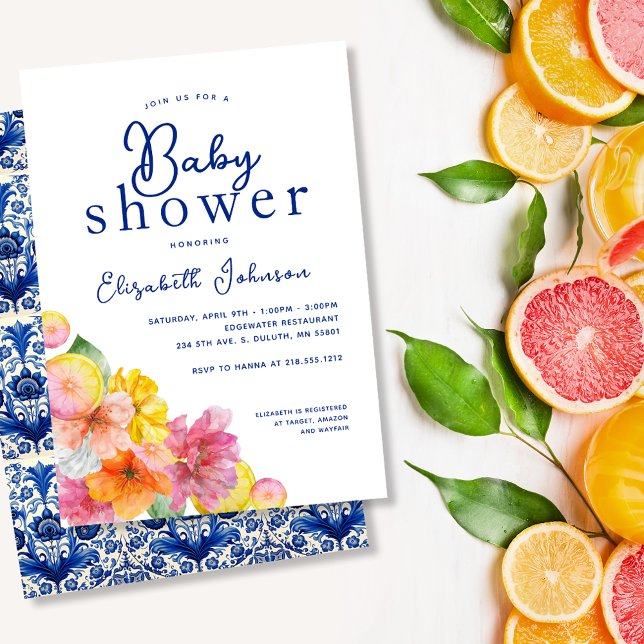 Invitación Citrus Floral Lemon Blue Tile Baby Shower (Citrus Floral Lemon Blue Tile Baby Shower Invitation)