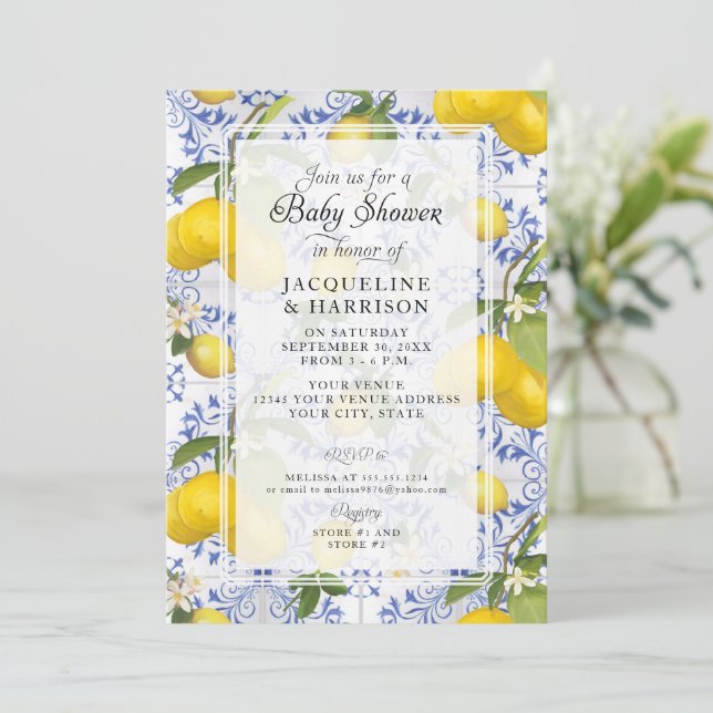 Invitación Citrus floral limón Foliage Blue White Baby Shower (Anverso de pie)