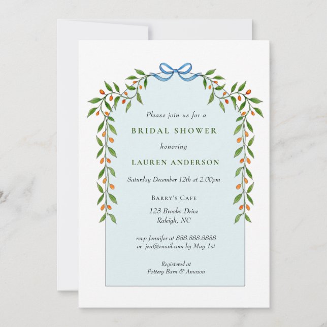 Invitación Citrus garland Arch Pale blue Bridal Ducha (Anverso)