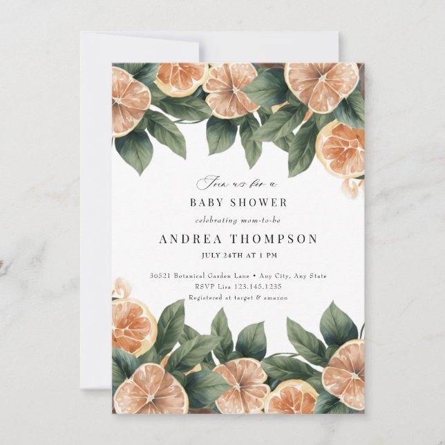 Invitación Citrus Greenery | Baby Shower Floral rosa (Anverso)