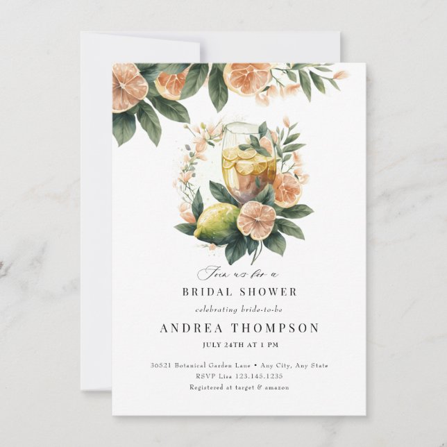 Invitación Citrus Greenery | Ducha de novia floral rosa (Anverso)