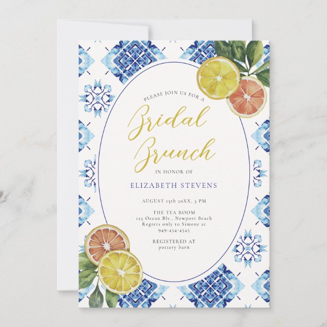 Invitación Citrus Italiano Blue Tile Moda moderna Ducha nupci (Anverso)