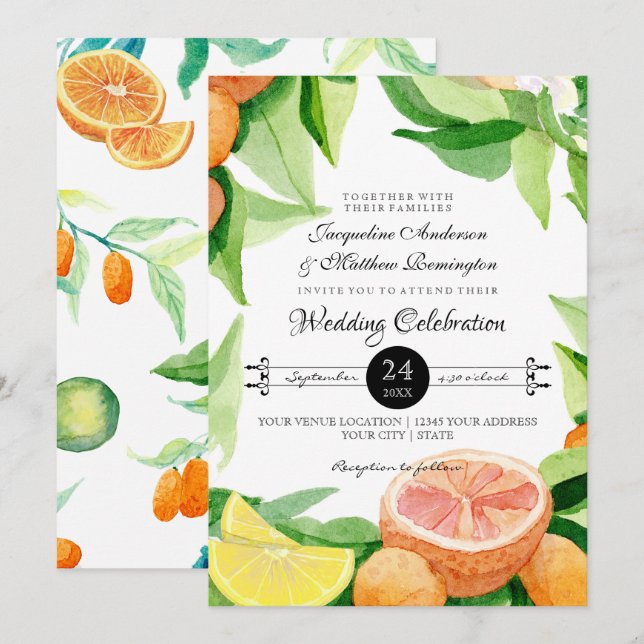 Invitación Citrus Kumquat Lemons Naranja Typografía Leaf Arte (Anverso / Reverso)