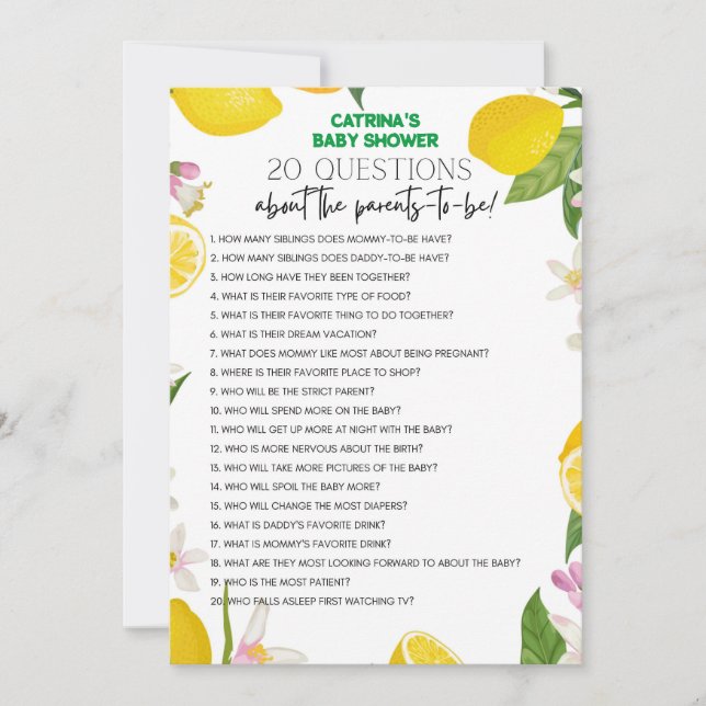 Invitación Citrus Lemon Baby Shower - Nombre editable, 5x7 (Anverso)