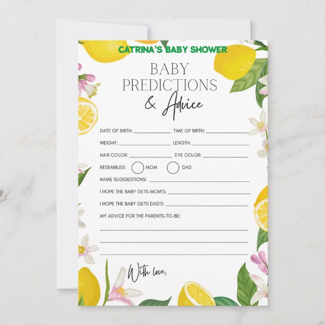 Invitación Citrus Lemon Baby Shower - Nombre editable, 5x7 (Anverso)