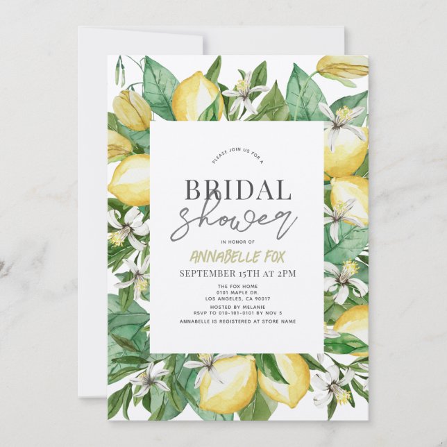 Invitación Citrus Lemon Floral Watercolor Bridal Shower (Anverso)