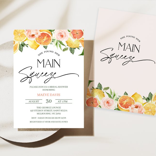 Invitación Citrus Lemon Naranja Floral Bridal Shower (Citrus Bridal Shower Invitation She Found Her Main Squeeze Bridal Shower Invite Floral Orange Lemon)