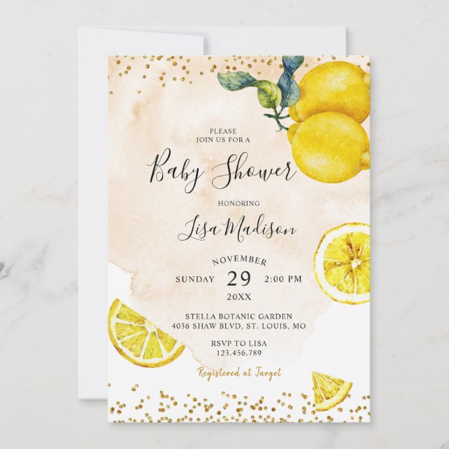 Invitación Citrus Lemon Watercolor Tema Baby Shower (Anverso)