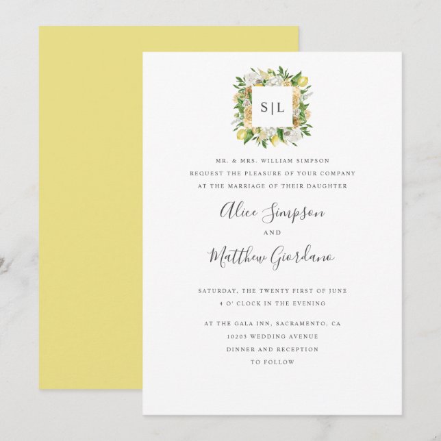Invitación Citrus Lemons y deja un boda de monograma formal (Anverso / Reverso)