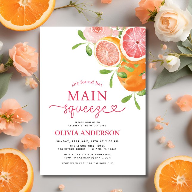 Invitación Citrus Main Squeeze Bridal Shower Naranja Pink (Subido por el creador)