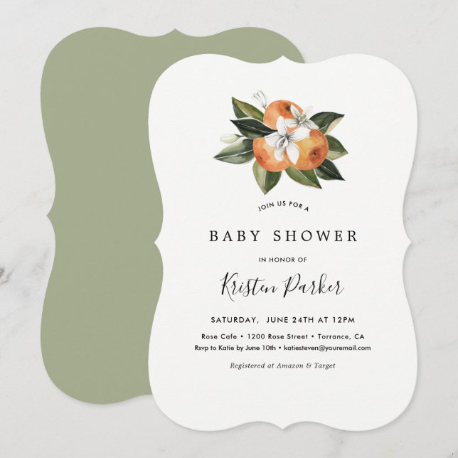 Invitación Citrus Naranja Baby Shower moderno (Anverso / Reverso)