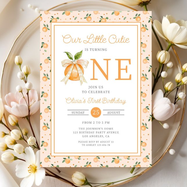 Invitación Citrus Naranja Cute Cutie Primer Cumpleaños (Subido por el creador)