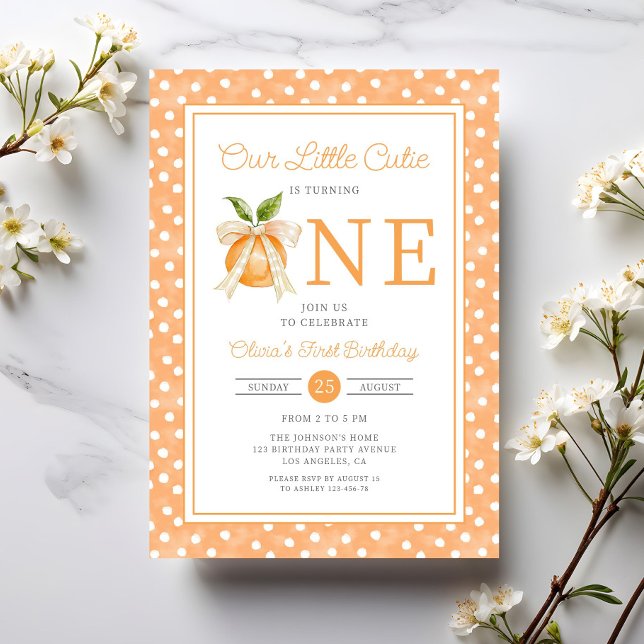 Invitación Citrus Naranja Cute Cutie Primer Cumpleaños (Cute Little Cutie Orange Citrus 1st Birthday Invitation)