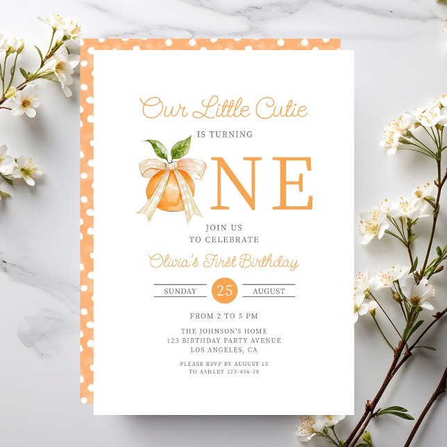 Invitación Citrus Naranja Cutie moderno Primer cumpleaños (Modern Little Cutie Orange Citrus 1st Birthday Invitation)