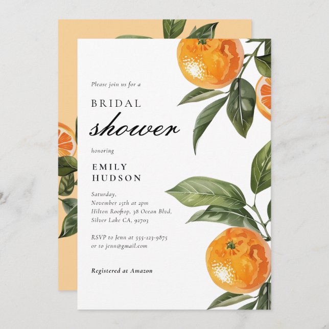 Invitación Citrus Naranja Elegant Bridal Shower (Anverso / Reverso)