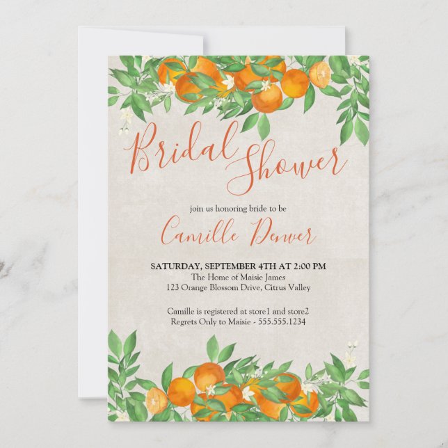 Invitación Citrus Naranja Elegant Script Bridal Shower (Anverso)